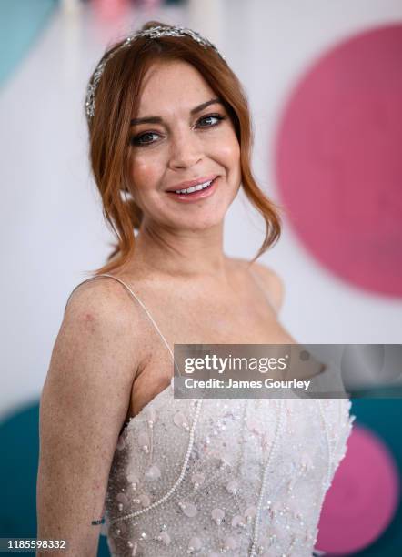 Lindsay Lohan attends the Channel 10 Marquee on Melbourne Cup Day at Flemington Racecourse on November 05, 2019 in Melbourne, Australia.