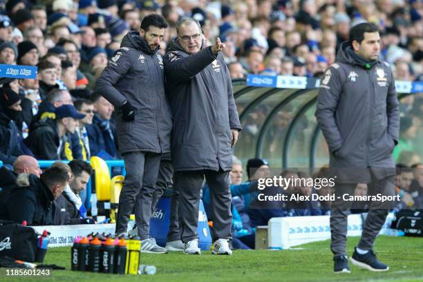 Leeds United manager Marcelo Bielsa watches on with first team coach Carlos Corberan during the Sky Bet Championship match between Leeds United and...