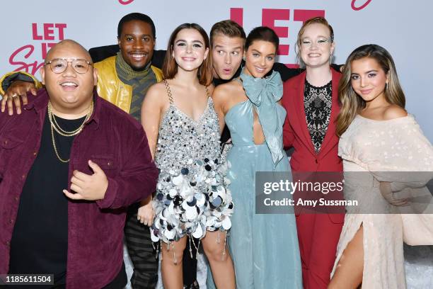 Jacob Batalon, Shameik Moore, Kiernan Shipka, Matthew Noszka, Odeya Rush, Liv Hewson and Isabela Moner attend the premiere of Netflix's "Let It Snow"...