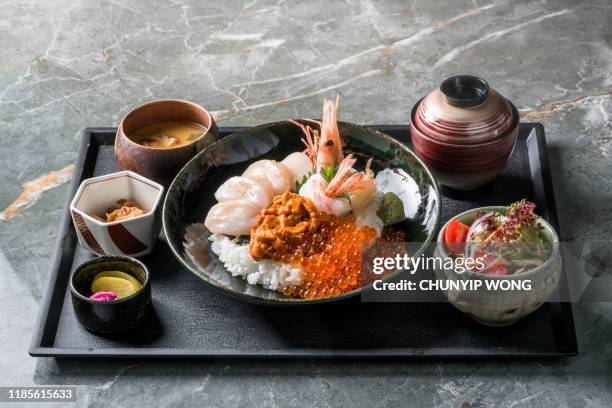set fresh mix raw seafood - ikura stock pictures, royalty-free photos & images
