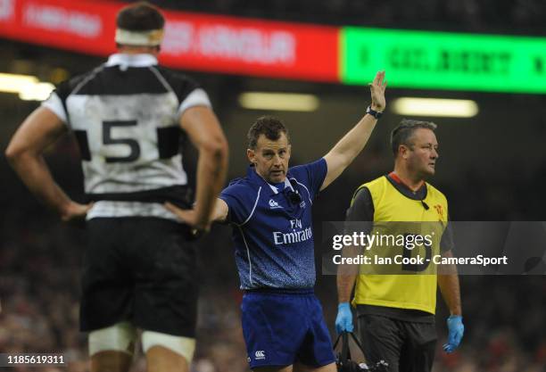 Referee Nigel Owens during the Autumn International match between Wales and Barbarians at Principality Stadium on November 30, 2019 in Cardiff, Wales.