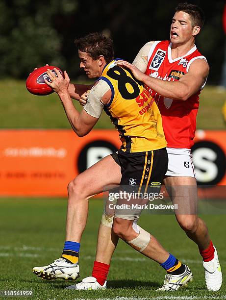 Jason Blake of the Zebras marks during the round 15 VFL match between Sandringham and the Northern Bullants at Trevor Barker Beach Oval on July 9,...