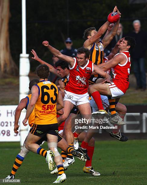 Rhys Stanley of the Zebras takes a strong mark during the round 15 VFL match between Sandringham and the Northern Bullants at Trevor Barker Beach...