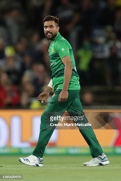 Mohammad Amir of Pakistan celebrates taking the wicket of David Warner of Australia during game two of the International Twenty20 series between...