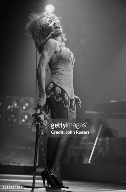 American singer, songwriter, and actress Tina Turner performs at the Brighton Centre, Brighton, UK, 11th March 1985.