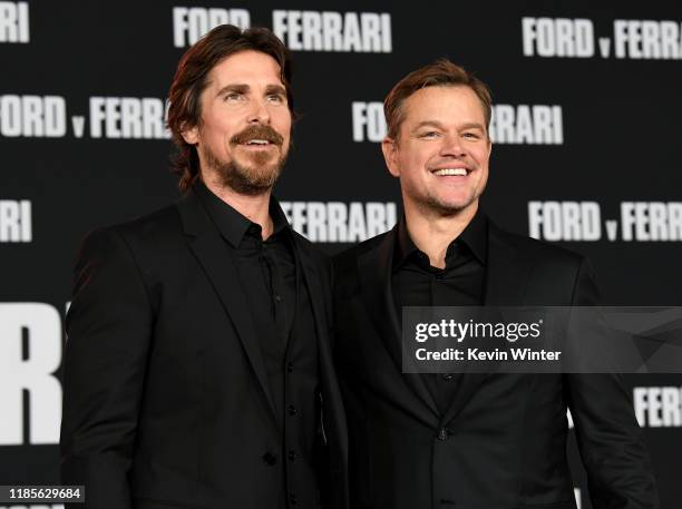 Christian Bale and Matt Damon arrive at the premiere of Fox's "Ford V Ferrari" at the TCL Chinese Theatre on November 04, 2019 in Hollywood,...