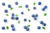 Blueberry isolated. Blueberries background. Blueberry on white background. With leaves.