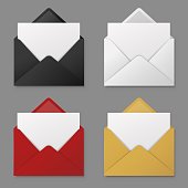 Open envelope. Black, red and white, yellow mail envelopes with blank paper letter sheet. 3d email icons vector isolated mockups set