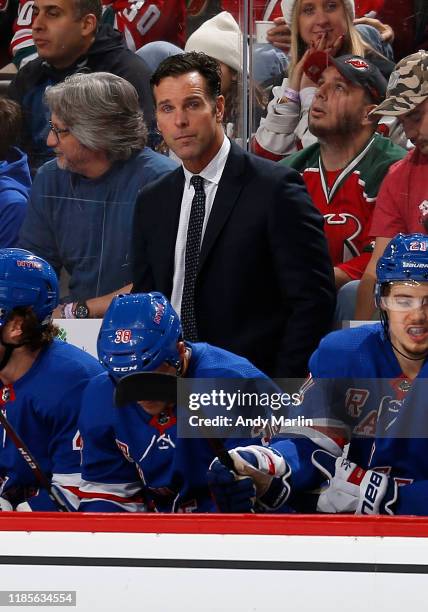 Head coach David Quinn of the New York Rangers looks on from the bench during the first period against the New Jersey Devils on November 30, 2019 at...