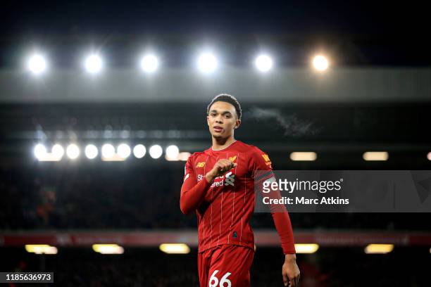 Trent Alexander-Arnold of Liverpool during the Premier League match between Liverpool FC and Brighton & Hove Albion at Anfield on November 30, 2019...