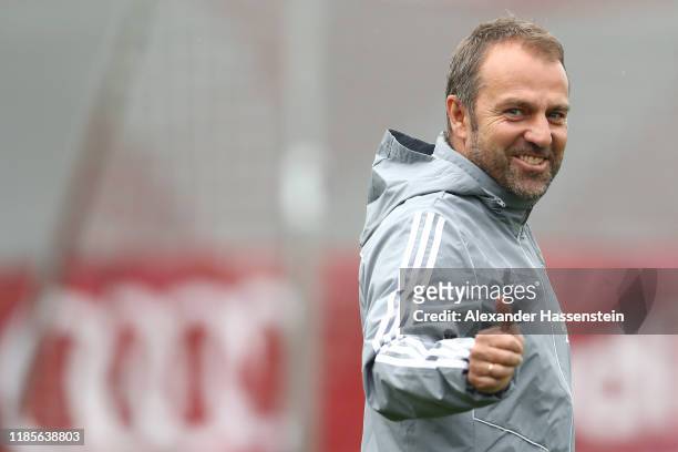 Newly appointed head coach of Bayern Muenchen Hans-Dieter Flick reacts during a training session at Saebener Strasse training ground on November 05,...