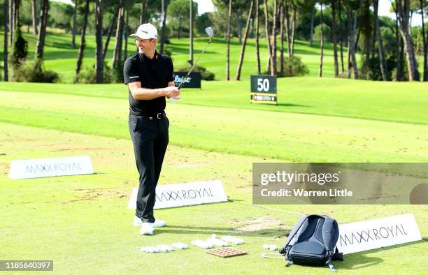 Justin Rose of England practices ahead of the Turkish Airlines Open at The Montgomerie Maxx Royal on November 05, 2019 in Antalya, Turkey.