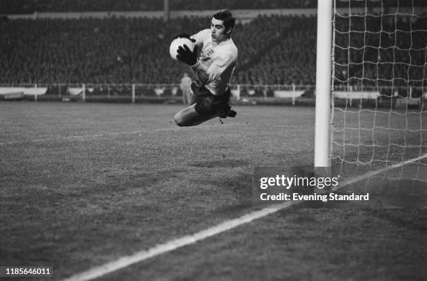 English footballer Peter Shilton, goalkeeper with Leicester City, in action playing for the England national football team in the international...