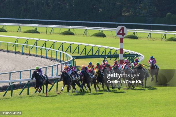 November 2 : Jockeys compete the Race 3 at Kyoto Racecourse on November 2, 2019 in Kyoto, Japan.