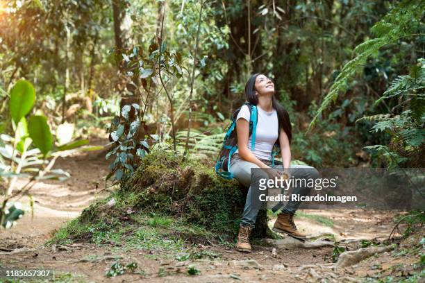 a woman of latin ethnicity with black hair is sitting on a rock in the middle of a forest and surrounded by nature. she appears sitting with her face relaxed and looking up. he wears comfortable clothes and a backpack on his back - woodland walk stock pictures, royalty-free photos & images