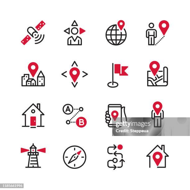 navigation - black line plus color - map pin icon stock illustrations