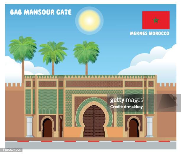 "bab mansour" gate, meknes, morocco - moroccan culture stock illustrations
