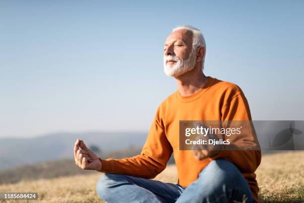 senior mann meditieren in der natur. - senior yoga stock-fotos und bilder