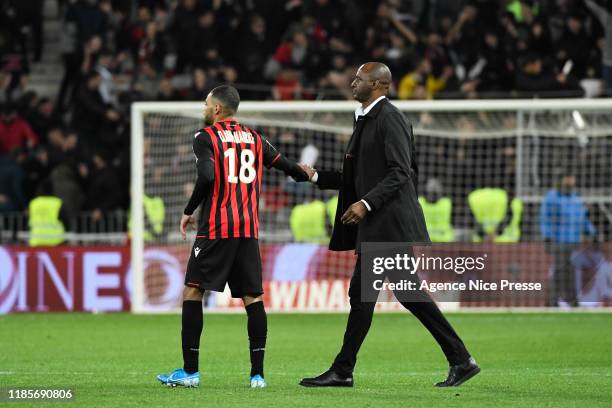 Patrick VIEIRA head coach of Nice and Alexis CLAUDE-MAURICE during the Ligue 1 match between Nice and Angers at Allianz Riviera on November 30, 2019...