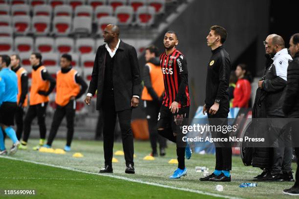 Alexis CLAUDE-MAURICE and Patrick VIEIRA head coach of Nice during the Ligue 1 match between Nice and Angers at Allianz Riviera on November 30, 2019...
