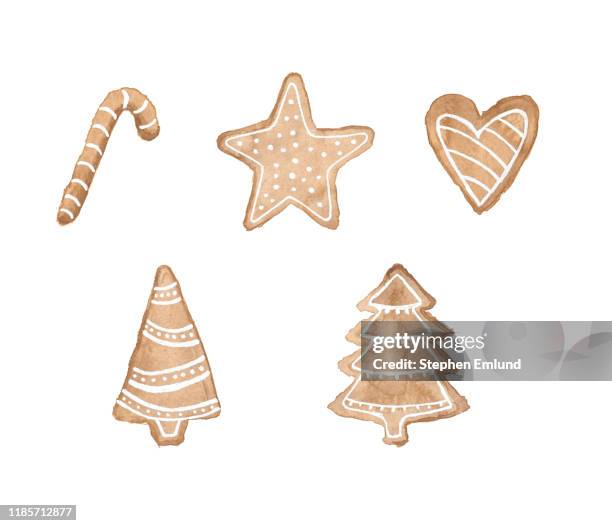 watercolor gingerbread cookies isolated on white background - candy cane cookies stock illustrations
