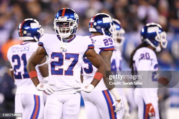 Deandre Baker of the New York Giants looks on during the second quarter of the game against the Dallas Cowboys at MetLife Stadium on November 04,...