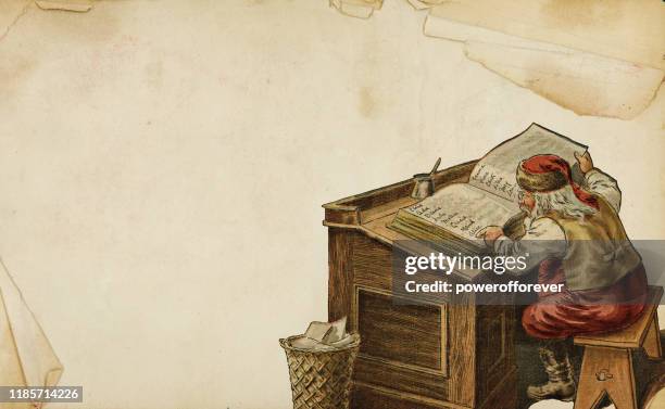 vintage santa claus checking his naughty or nice list on antique paper - old fashioned christmas stock illustrations