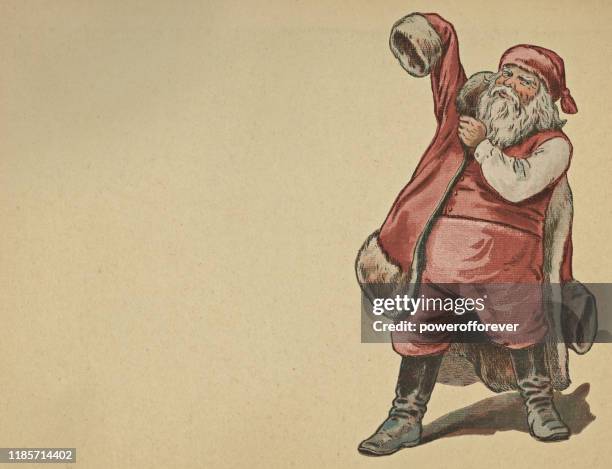 vintage santa claus getting ready on christmas eve on antique paper - old fashioned santa stock illustrations