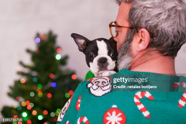 puppy looking over man's shoulder - dog looking over shoulder stock pictures, royalty-free photos & images