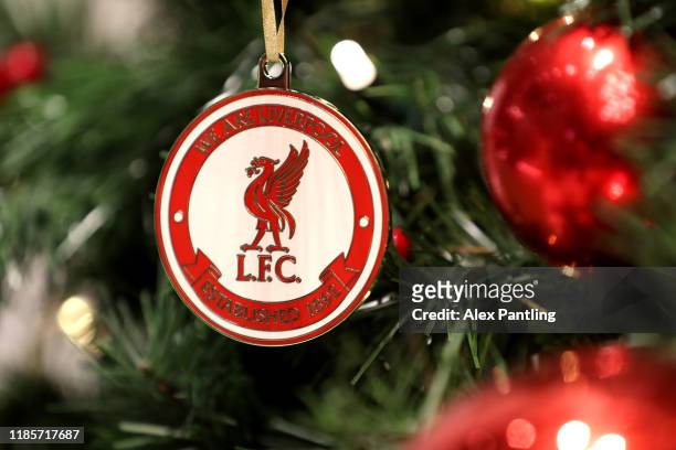 The Liverpool logo is seen on a Christmas decoration prior to the UEFA Champions League group E match between Liverpool FC and KRC Genk at Anfield on...