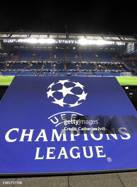 The UEFA Champions League logo is seen inside the stadium prior to the UEFA Champions League group H match between Chelsea FC and AFC Ajax at...