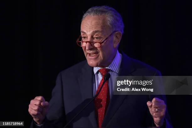 Senate Minority Leader Sen. Chuck Schumer speaks during a National Security Commission on Artificial Intelligence conference November 5, 2019 in...