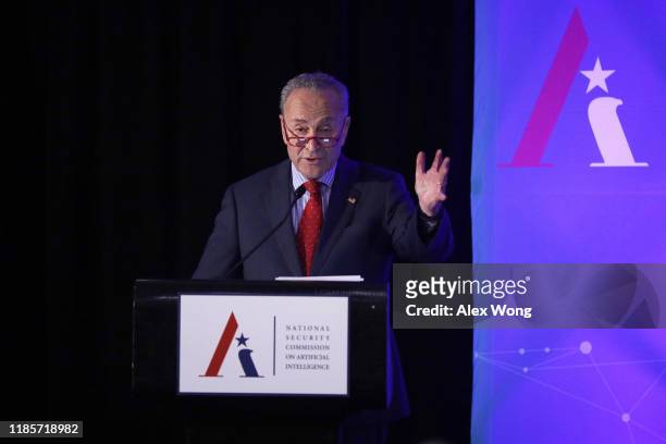 Senate Minority Leader Sen. Chuck Schumer speaks during a National Security Commission on Artificial Intelligence conference November 5, 2019 in...