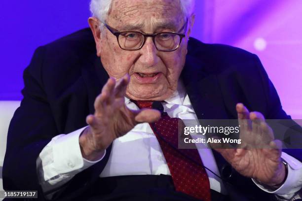 Former U.S. Secretary of State Henry Kissinger speaks during a National Security Commission on Artificial Intelligence conference November 5, 2019 in...