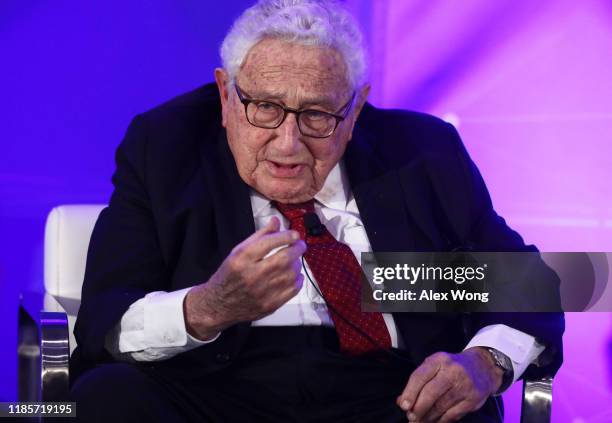 Former U.S. Secretary of State Henry Kissinger speaks during a National Security Commission on Artificial Intelligence conference November 5, 2019 in...