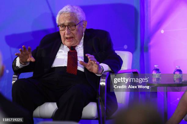 Former U.S. Secretary of State Henry Kissinger speaks during a National Security Commission on Artificial Intelligence conference November 5, 2019 in...