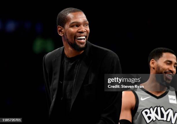 Kevin Durant of the Brooklyn Nets laughs during the game against the Houston Rockets at Barclays Center on November 01, 2019 in New York City. NOTE...