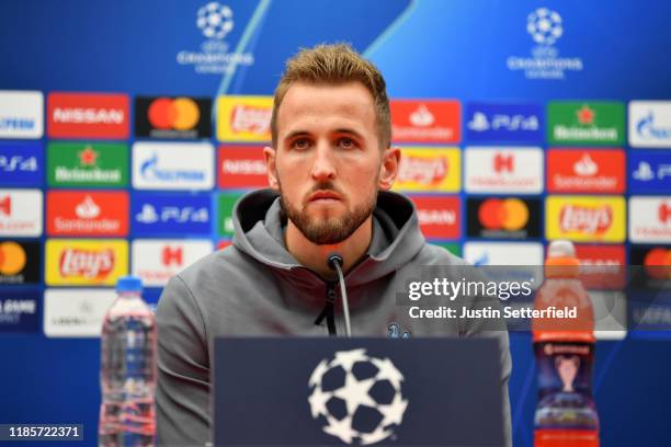 Harry Kane of Tottenham Hotspur speaks during Tottenham Hotspur Press Conference ahead of the UEFA Champions League group B match between Crvena...