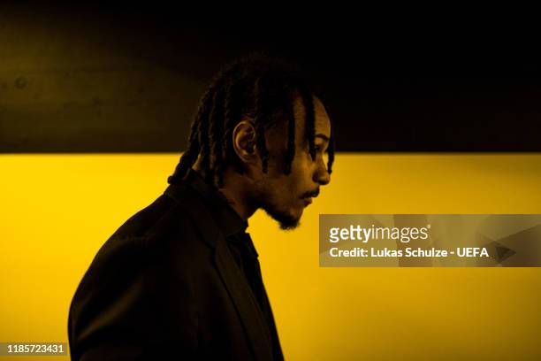 Valentino Lazaro of Inter arrives for the UEFA Champions League group F match between Borussia Dortmund and Inter at Signal Iduna Park on November...
