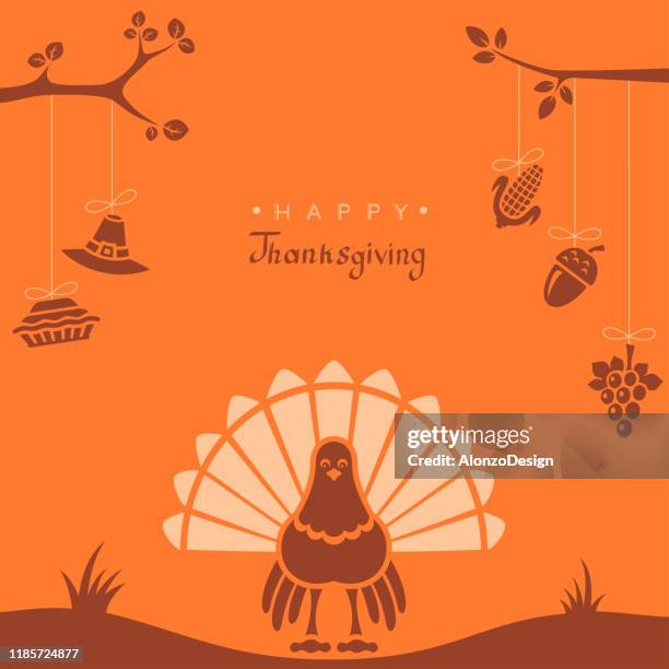 thanksgiving greeting card with cute turkey - cartoon thanksgiving stock illustrations