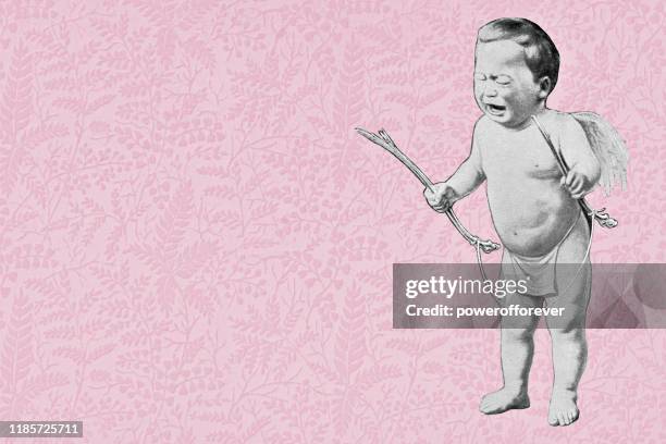 illustrazioni stock, clip art, cartoni animati e icone di tendenza di cupido piangendo vintage con fiocco rotto e freccia su carta antica - cuore spezzato