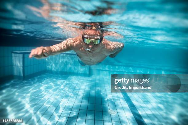 senior man swimming in pool - swimming free style pool stock pictures, royalty-free photos & images