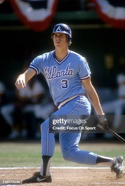 Dale Murphy of the Atlanta Braves bats against the San Diego Padres during a Major League Baseball game circa 1981 at Jack Murphy Stadium in San...