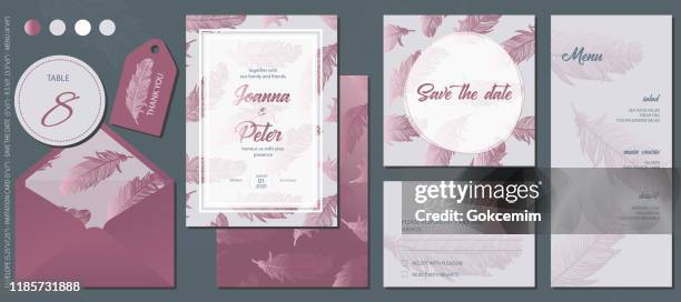 rose gold feathers wedding invitation template set. table number&thank you labels, invitation card, save the date card, r.s.v.p. card and menu. - pink feathers stock illustrations