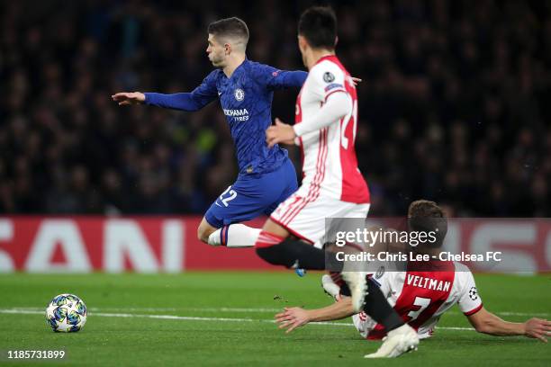 Christian Pulisic of Chelsea is fouled by Joel Veltman of AFC Ajax leading to a penalty and Chelsea's first goal during the UEFA Champions League...