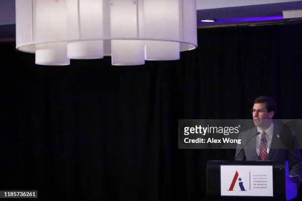 Secretary of Defense Mark Esper speaks during a National Security Commission on Artificial Intelligence conference November 5, 2019 in Washington,...
