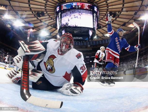 Brendan Lemieux celebrates a goal by Kaapo Kakko against Anders Nilsson of the Ottawa Senators at Madison Square Garden on November 04, 2019 in New...