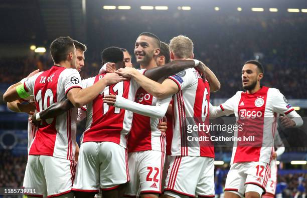 Quincy Promes of AFC Ajax celebrates with teammates after scoring his team's first goal during the UEFA Champions League group H match between...
