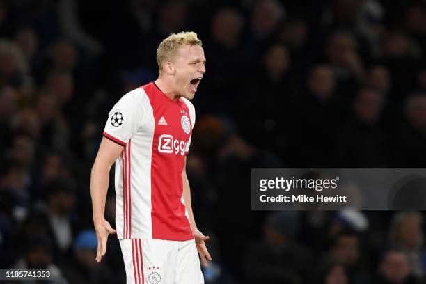 Donny van de Beek of AFC Ajax celebrates after scoring his team's fourth goal during the UEFA Champions League group H match between Chelsea FC and...