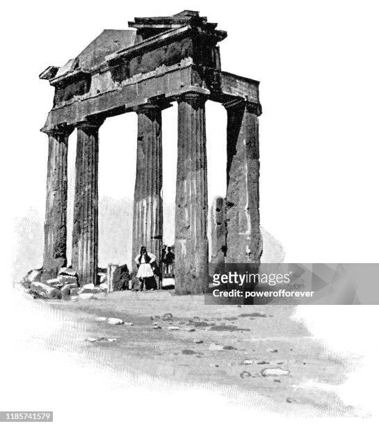 the gate of athena archegetis at the roman agora in athens, greece - 19th century - agora stock illustrations